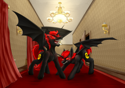 Size: 6000x4195 | Tagged: safe, artist:vendigo, imported from derpibooru, oc, oc only, alicorn, bat pony, bat pony alicorn, pony, absurd file size, absurd resolution, bat wings, carpet, chandelier, corridor, curtains, duo, eye mist, hallway, horn, red and black oc, red carpet, sharp teeth, teeth, wings