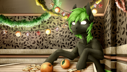 Size: 4000x2250 | Tagged: safe, artist:vendigo, imported from derpibooru, oc, oc only, pony, christmas, christmas lights, food, fruit, garland, holiday, no pupils, orange, solo