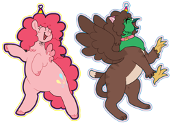 Size: 1609x1155 | Tagged: safe, artist:greenarsonist, imported from derpibooru, pinkie pie, oc, oc:frizz, griffon, pegasus, pony, birthday, cat ears, celebration, chubby, collar, dancing, fat, feathered wings, griffon oc, hat, male, nonbinary, nonbinary pride flag, pansexual, pansexual pride flag, party hat, paws, pegasus pinkie pie, pride, pride flag, pudgy pie, race swap, simple background, smiling, spread wings, trans male, transgender, transgender pride flag, transparent background, unshorn fetlocks, wings