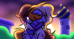 Size: 3840x2040 | Tagged: safe, artist:iceflower99, imported from derpibooru, oc, oc only, oc:sunrise goldhearts, oc:zweet beatz, pegasus, clothes, comforting, crying, fanfic, fanfic art, hug, not shipping, pegasus oc, smiling, sunset, sweater