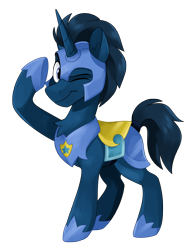 Size: 2324x2961 | Tagged: safe, artist:luximus17, imported from derpibooru, oc, oc only, oc:slashing prices, pony, unicorn, armor, armor skirt, badge, chest fluff, chestplate, commission, ear fluff, eyebrows, helmet, high res, hoof shoes, horn, male, one eye closed, raised hoof, royal guard, royal guard armor, salute, simple background, skirt, smiling, solo, stallion, tack, transparent background, unicorn oc, wink