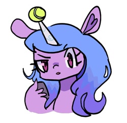 Size: 748x723 | Tagged: safe, artist:10uhh, imported from derpibooru, izzy moonbow, pony, unicorn, ball, g5, heart ears, horn, hornball, izzy's tennis ball, looking at you, raised hoof, simple background, solo, tennis ball, white background