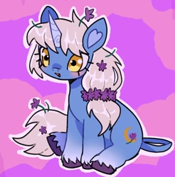 Size: 1424x1450 | Tagged: safe, artist:10uhh, imported from derpibooru, oc, oc only, oc:moonflower, pony, unicorn, female, flower, flower in hair, heart ears, horn, mare, pink background, purple background, simple background, sitting, solo