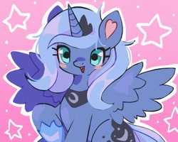 Size: 917x732 | Tagged: safe, artist:10uhh, imported from derpibooru, princess luna, alicorn, pony, blush sticker, blushing, female, gradient background, heart ears, horn, looking at you, pink background, raised hoof, s1 luna, simple background, solo, spread wings, starry background, wings