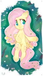 Size: 1280x2276 | Tagged: safe, artist:fipoki, imported from derpibooru, fluttershy, pegasus, pony, aside glance, blushing, female, grass, leaves, leaves in hair, looking at you, lying down, mare, on back, outline, overhead view, smiling, solo, spread wings, underhoof, wings