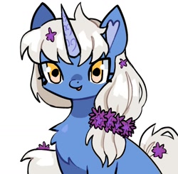 Size: 1223x1200 | Tagged: safe, artist:10uhh, imported from derpibooru, oc, oc only, oc:moonflower, pony, unicorn, chest fluff, female, flower, flower in hair, heart ears, horn, looking at you, mare, simple background, solo, white background