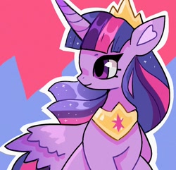 Size: 748x720 | Tagged: safe, artist:10uhh, imported from derpibooru, twilight sparkle, alicorn, pony, the last problem, blue background, female, heart ears, horn, jewelry, mare, older, older twilight, princess twilight 2.0, red background, regalia, simple background, solo, twilight sparkle (alicorn), wings