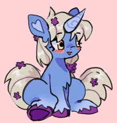 Size: 1224x1290 | Tagged: safe, artist:10uhh, imported from derpibooru, oc, oc only, oc:moonflower, pony, unicorn, female, flower, flower in hair, heart ears, horn, mare, simple background, sitting, solo