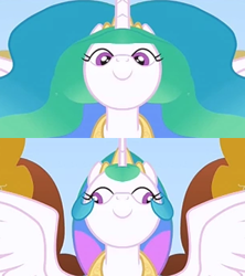 Size: 320x360 | Tagged: safe, edit, edited screencap, imported from derpibooru, screencap, princess celestia, alicorn, pony, fall weather friends, season 1, caption, comparison, cropped, derp, faic, female, image macro, looking at you, mare, solo, text, unitinu, wat