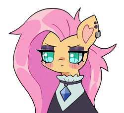 Size: 1068x970 | Tagged: safe, artist:10uhh, imported from derpibooru, fluttershy, pony, :<, alternate hairstyle, bust, clothes, ear piercing, earring, eyeshadow, female, fluttergoth, gem, goth, heart ears, jacket, jewelry, lidded eyes, makeup, mare, necklace, piercing, simple background, solo, white background