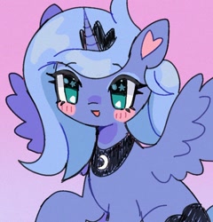 Size: 758x789 | Tagged: safe, artist:10uhh, imported from derpibooru, princess luna, alicorn, pony, female, heart ears, horn, looking at you, no pupils, pink background, s1 luna, simple background, solo, spread wings, wings