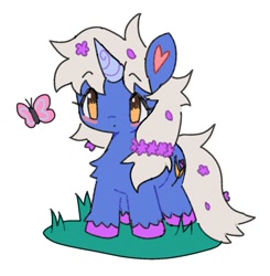 Size: 1104x1125 | Tagged: safe, artist:10uhh, imported from derpibooru, oc, oc only, oc:moonflower, butterfly, pony, unicorn, female, flower, flower in hair, grass, heart ears, horn, no pupils, simple background, solo, white background