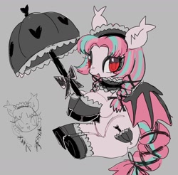 Size: 1688x1664 | Tagged: safe, artist:10uhh, imported from derpibooru, oc, oc only, bat pony, pony, bat wings, female, gray background, hoof hold, looking at you, mare, simple background, solo, umbrella, wings