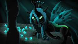 Size: 4000x2250 | Tagged: source needed, safe, artist:enteryourponyname, imported from derpibooru, queen chrysalis, changeling, changeling queen, cave, cavern, close-up, creepy, crown, female, flower, jewelry, lineless, regalia, solo, transparent wings, wings