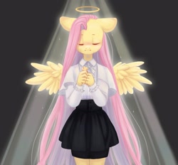 Size: 3229x3000 | Tagged: safe, artist:melodylibris, imported from derpibooru, fluttershy, anthro, pegasus, blouse, christianity, clothes, cross, cross necklace, eyes closed, female, floppy ears, halo, hands together, high res, jewelry, light, long hair, mare, necklace, skirt, smiling, solo, spread wings, wings