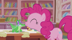 Size: 1920x1080 | Tagged: safe, imported from derpibooru, screencap, gummy, pinkie pie, alligator, earth pony, pony, season 5, the lost treasure of griffonstone, 1080p, ^^, cute, diapinkes, duo, eyes closed, female, gummybetes, kiss on the lips, kissing, male, mare, mouth hold, platonic kiss