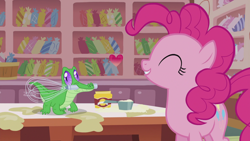 Size: 1920x1080 | Tagged: safe, imported from derpibooru, screencap, pinkie pie, alligator, earth pony, pony, season 5, the lost treasure of griffonstone, 1080p, cute, daaaaaaaaaaaw, diapinkes, duo, female, heart, male, mare, mouth hold, smiling