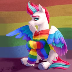 Size: 1257x1259 | Tagged: safe, artist:thatonegib, imported from derpibooru, zipp storm, pegasus, pony, clothes, colored wings, commission, female, g5, hoodie, looking at you, mare, multicolored hair, multicolored wings, pride, pride flag, pride month, sitting, smiling, solo, wings, ych result