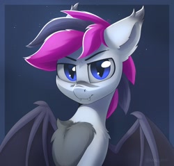 Size: 1468x1402 | Tagged: safe, artist:anti1mozg, imported from derpibooru, oc, oc only, oc:lance, bat pony, pony, bust, chest fluff, fangs, looking at you, male, pale belly, simple background, solo