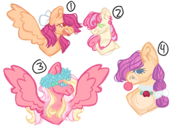 Size: 1280x953 | Tagged: safe, artist:pixiesimm, imported from derpibooru, oc, oc only, earth pony, pegasus, pony, bow, braid, bubblegum, female, floral head wreath, flower, flower in hair, food, gum, hair bow, half-siblings, jewelry, magical lesbian spawn, mare, necklace, offspring, parent:apple bloom, parent:applejack, parent:big macintosh, parent:fluttershy, parent:rarity, parent:scootaloo, parent:sweetie belle, parents:fluttermac, parents:rarijack, parents:scootabloom, parents:sweetiebloom, simple background, spread wings, transparent background, wings