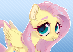 Size: 1000x707 | Tagged: safe, artist:eiirine, imported from derpibooru, fluttershy, pegasus, pony, aside glance, cheek fluff, ear fluff, female, folded wings, looking at you, mare, raised hoof, smiling, smiling at you, solo, stray strand, striped background, three quarter view, wings