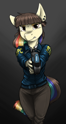 Size: 800x1500 | Tagged: safe, artist:sinrar, imported from derpibooru, oc, oc only, oc:polie lightmixer, anthro, aiming, clothes, dominator, ear piercing, female, gun, jacket, looking at you, mare, multicolored hair, piercing, psycho pass, rainbow hair, simple background, solo, weapon