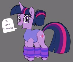 Size: 2292x1951 | Tagged: safe, artist:_ton618_, imported from derpibooru, twilight sparkle, pony, unicorn, alternate hairstyle, clothes, female, hair bun, leg warmers, leotard, mare, solo, speech bubble, sweat, unicorn twilight, weight loss, workout