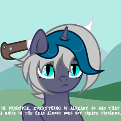 Size: 1000x1000 | Tagged: safe, artist:vi45, imported from derpibooru, oc, oc:elizabat stormfeather, alicorn, bat pony, bat pony alicorn, pony, alicorn oc, bat pony oc, bat wings, cartoon violence, commission, dialogue, female, horn, knife, mare, meme, ponified meme, solo, sword, this is fine, unamused, weapon, wings, ych result