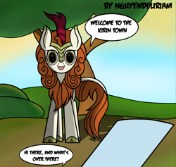 Size: 1852x1755 | Tagged: safe, artist:nguyendeliriam, imported from derpibooru, autumn blaze, oc, kirin, dialogue, looking at you, offscreen character, smiling, smiling at you, tree