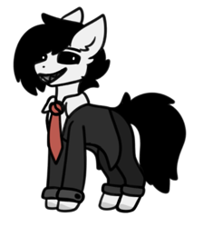 Size: 611x622 | Tagged: safe, artist:michini, imported from derpibooru, oc, oc only, oc:turanten, earth pony, pony, black sclera, clothes, fangs, necktie, simple background, solo, suit, white background