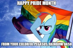 Size: 755x500 | Tagged: safe, artist:mlpfan3991, imported from derpibooru, rainbow dash, pegasus, pony, caption, cloud, female, image macro, meme, photo, pride flag, pride month, rainbow dash salutes, rainbow flag, salute, sky, solo, sun, text