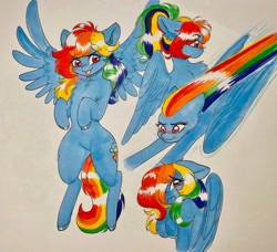 Size: 2048x1870 | Tagged: safe, artist:cherubisous, imported from derpibooru, rainbow dash, pegasus, pony, alternate hairstyle, blushing, chest fluff, crying, flying, looking at you, marker drawing, ponytail, solo, spread wings, tongue out, traditional art, wings