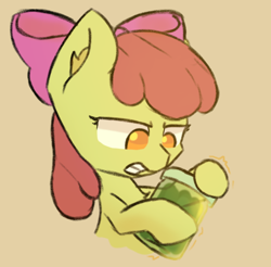 Size: 1372x1349 | Tagged: safe, artist:exoticeon, imported from derpibooru, apple bloom, earth pony, pony, female, filly, foal, gritted teeth, jar, solo, struggling, teeth, upset