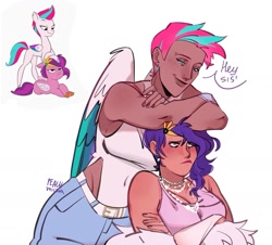 Size: 1677x1515 | Tagged: safe, alternate version, artist:peachmichea, imported from derpibooru, pipp petals, zipp storm, human, pegasus, pony, blushing, breasts, cleavage, clothes, concept art, crossed arms, denim, dress, duo, ear piercing, earring, eyebrow piercing, female, fingerless gloves, g5, gloves, height difference, human pipp petals, humanized, jealous, jeans, jewelry, nail polish, necklace, nose piercing, pants, piercing, pipp is short, pipp petals is not amused, redraw, ripped jeans, ripped pants, royal sisters (g5), sibling rivalry, siblings, sisters, tall, tanktop, torn clothes, unamused, winged humanization, wings