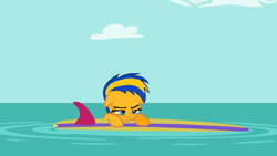 Size: 1280x720 | Tagged: safe, artist:mlpfan3991, edit, edited screencap, imported from derpibooru, screencap, oc, oc only, oc:flare spark, pony, the point of no return, cloud, female, ocean, sky, solo, summer, surfboard, unamused, water, wipeout