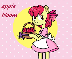 Size: 883x727 | Tagged: safe, artist:canotanya1, imported from derpibooru, apple bloom, earth pony, semi-anthro, adorabloom, apple, apple basket, apron, basket, clothes, cute, dress, female, filly, foal, food, smiling, solo, text