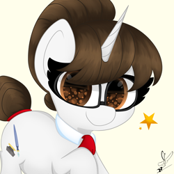 Size: 2000x2000 | Tagged: safe, artist:daftramms, imported from derpibooru, raven, pony, unicorn, cute, female, g4, glasses, hair bun, looking at you, mare, ravenbetes, simple background, solo, tail, tail bun
