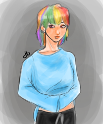 Size: 1000x1200 | Tagged: safe, artist:dubudrops, imported from derpibooru, rainbow dash, human, alternate hairstyle, clothes, ear piercing, earring, female, humanized, jewelry, lip piercing, pants, piercing, shirt, solo, sweatpants