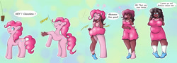 Size: 1280x461 | Tagged: safe, artist:quickcast, imported from derpibooru, pinkie pie, earth pony, human, pony, breasts, busty pinkie pie, chocolate bar, clothes, commission, fat, human coloration, humanized, natural hair color, overalls, pony to human, pudgy pie, shoes, transformation, transformation sequence, weight gain