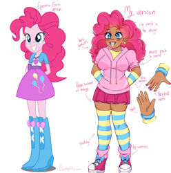 Size: 3239x3265 | Tagged: safe, artist:diameltzowo, imported from derpibooru, pinkie pie, human, equestria girls, arm warmers, boots, bow, braces, clothes, converse, dark skin, ear piercing, earring, heart, high heel boots, hoodie, humanized, jewelry, leg warmers, painted nails, piercing, redesign, shoes, simple background, skirt, sneakers, socks, stockings, striped socks, tan skin, thick, thigh highs, white background, zettai ryouiki