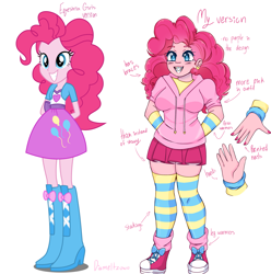 Size: 3239x3265 | Tagged: safe, artist:diameltzowo, imported from derpibooru, pinkie pie, human, equestria girls, arm warmers, boots, bow, braces, clothes, converse, ear piercing, earring, heart, high heel boots, hoodie, jewelry, leg warmers, painted nails, piercing, redesign, shoes, simple background, skirt, sneakers, socks, stockings, striped socks, thick, thigh highs, white background, zettai ryouiki