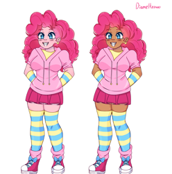 Size: 3239x3265 | Tagged: safe, artist:diameltzowo, imported from derpibooru, pinkie pie, human, arm behind back, arm warmers, braces, clothes, converse, dark skin, ear piercing, earring, female, happy, hoodie, humanized, jewelry, leg warmers, piercing, pink skin, redesign, shoes, simple background, skirt, smiling, sneakers, socks, stockings, striped socks, thick, thigh highs, white background, zettai ryouiki