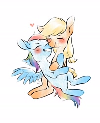 Size: 2238x2752 | Tagged: safe, artist:weit., imported from derpibooru, applejack, rainbow dash, earth pony, pegasus, pony, appledash, blushing, cute, dashabetes, duo, eyes closed, female, grin, heart, hug, jackabetes, lesbian, shipping, simple background, sleeveless, smiling, white background