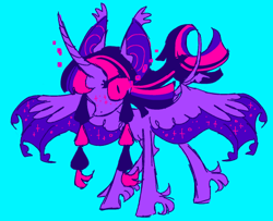 Size: 500x405 | Tagged: safe, artist:webkinzworldz, imported from twibooru, twilight sparkle, alicorn, bat pony, pony, alternate design, bat ponified, big ears, blue background, female, hybrid wings, image, leonine tail, looking at you, mare, png, race swap, simple background, slit eyes, solo, standing, unshorn fetlocks, wings