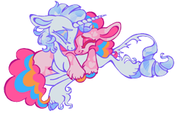 Size: 500x333 | Tagged: safe, artist:webkinzworldz, edit, editor:edits of hate, imported from twibooru, pinkie pie, rarity, earth pony, pony, unicorn, alternate design, cloven hooves, coat markings, colored hooves, cuddling, eyes closed, eyeshadow, female, freckles, heart mark, image, leonine tail, lesbian, lying down, makeup, mare, multicolored hooves, png, redesign, shipping, simple background, smiling, transparent background, unshorn fetlocks