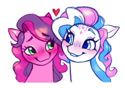 Size: 1157x815 | Tagged: safe, artist:catmintyt, edit, editor:edits of hate, imported from twibooru, skywishes, star catcher, earth pony, pegasus, pony, blushing, bust, female, g3, heart, image, lesbian, looking at each other, mare, needs more jpeg, shipping, simple background, smiling, smiling at each other, white background