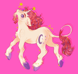 Size: 1280x1213 | Tagged: artist needed, safe, imported from twibooru, moondancer, pony, unicorn, alternate hairstyle, colored hooves, facial hair, female, goatee, image, leonine tail, looking at you, mare, missing accessory, needs more jpeg, pink background, simple background, solo, sparkles, underhoof, unshorn fetlocks