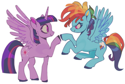 Size: 1280x860 | Tagged: safe, artist:doctor-pepo, imported from twibooru, rainbow dash, twilight sparkle, alicorn, pegasus, pony, alternate hairstyle, colored hooves, duo, duo female, female, flying, image, looking at each other, mare, png, raised hoof, simple background, smiling, spread wings, standing, white background, wings