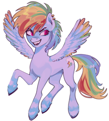 Size: 1280x1416 | Tagged: safe, artist:doctor-pepo, imported from twibooru, rainbow dash, pegasus, pony, alternate hairstyle, colored wings, colored wingtips, ear piercing, female, flying, image, mare, open smile, piercing, png, simple background, smiling, solo, white background, wings
