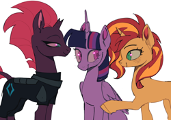 Size: 1280x896 | Tagged: safe, artist:doctor-pepo, imported from twibooru, sunset shimmer, tempest shadow, twilight sparkle, alicorn, pony, unicorn, equestria girls, broken horn, closed wing, female, horn, image, looking at each other, mare, png, raised hoof, simple background, trio, trio female, white background